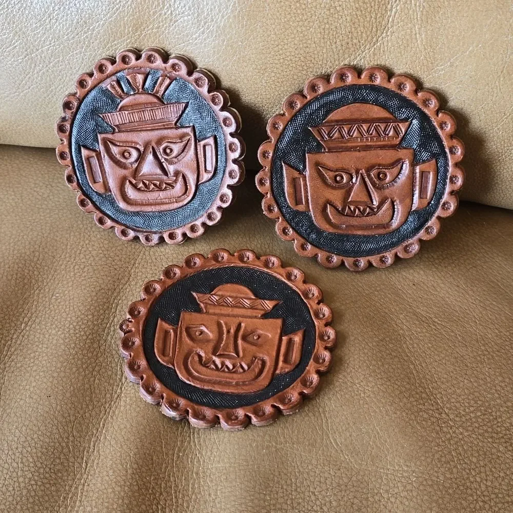 Leather Coaster Set of 3 | Characters AZTEC MAYAN INCA Heads | Hand Tooled